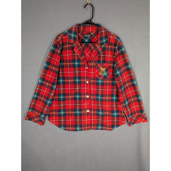 Lauren Ralph Lauren Women’s Red Plaid Leopard Trim Fleece Pajamas Large Crest - Picture 2 of 16